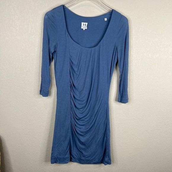 Halston Heritage Sheath Dress Sz 2 Blue Ruched‎ 3/4 Sleeve Scoop Neck Silk Blend - Picture 1 of 13